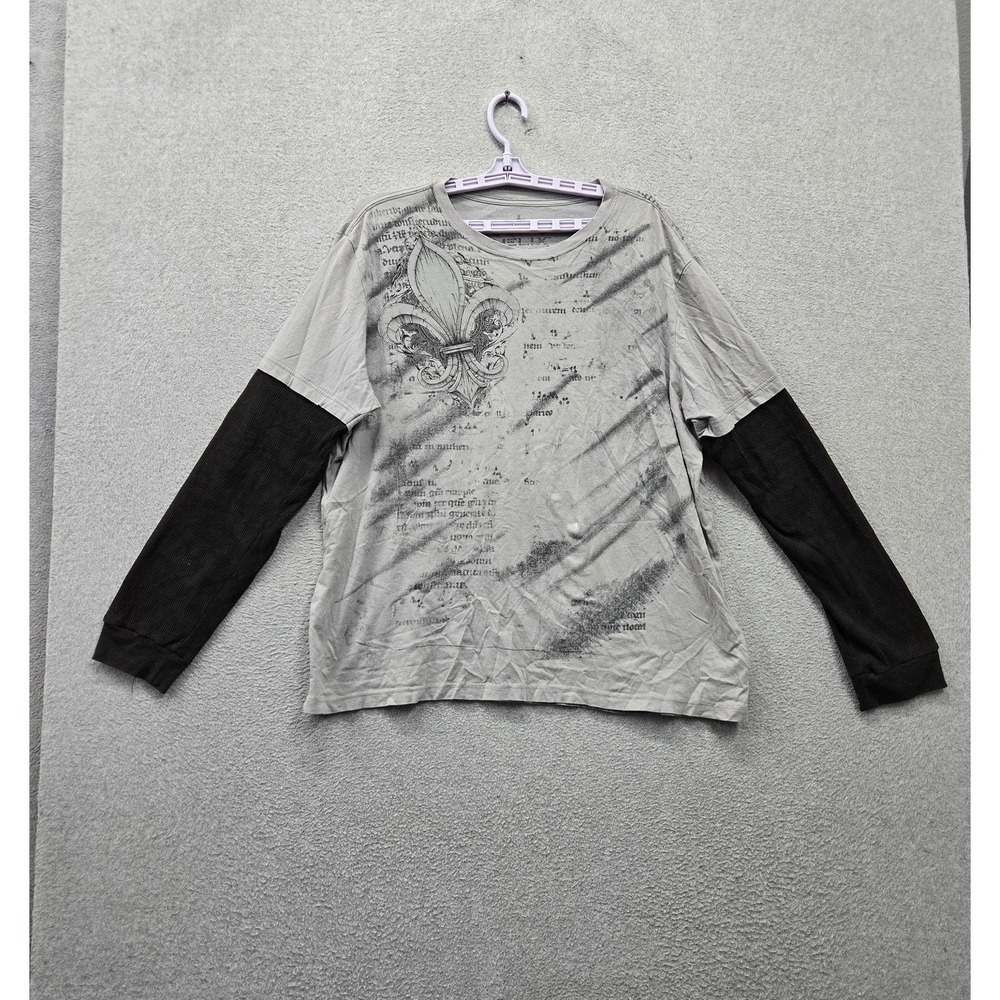 Helix Men Shirt XL Gray Fleur-De-Lis Graphic Print Layered Long Sleeve READ